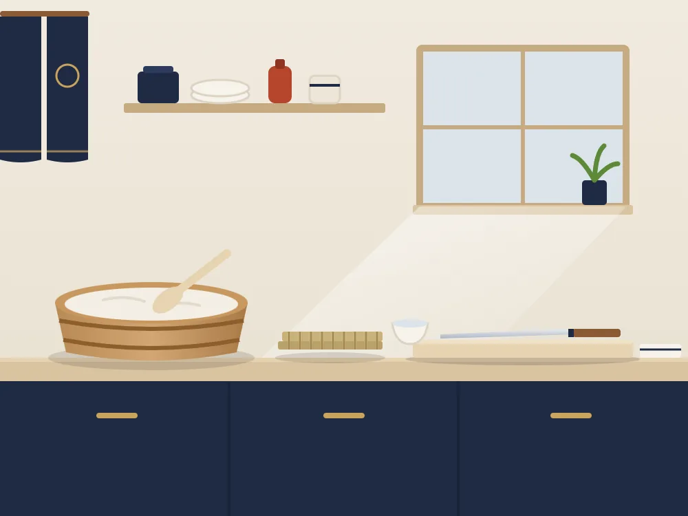 A home kitchen counter in Osaka, set with a sushi rice tub, bamboo mats and a cutting board